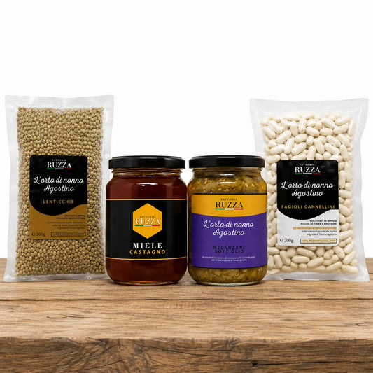 Box Assaggio Irpinia Fattorie Ruzza – miele di castagno, melanzane sott'olio, lenticchie e fagioli cannellini biologici