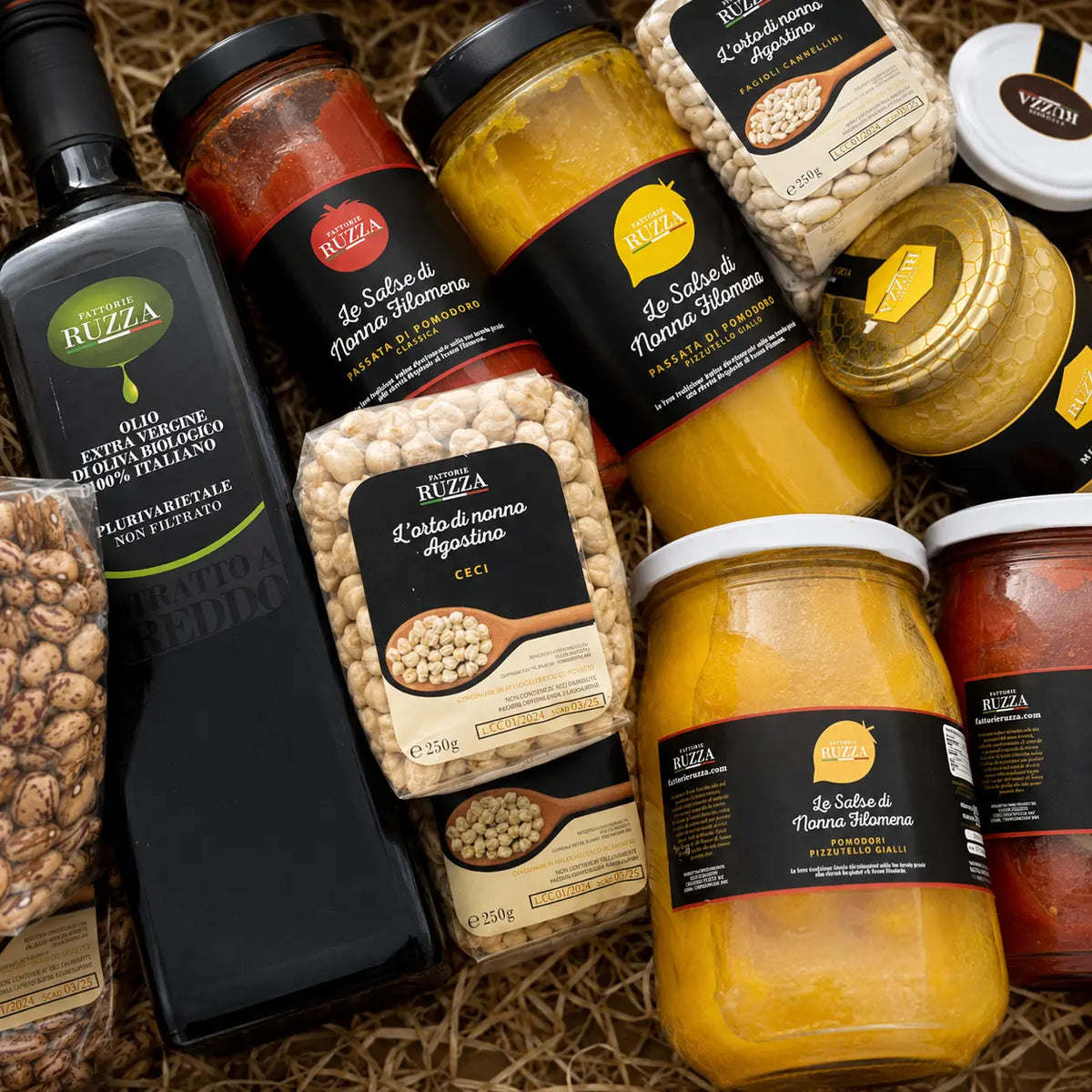 Prodotti biologici Fattorie Ruzza – olio EVO, passata, sott'oli, legumi e mieli dell'Irpinia in cesto regalo