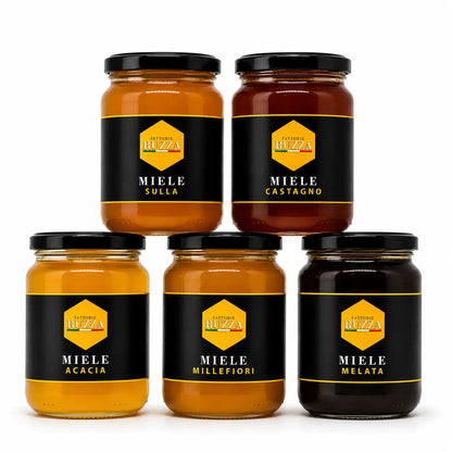 Collezione mieli biologici d'Irpinia Fattorie Ruzza – Acacia, Sulla, Millefiori, Castagno e Melata