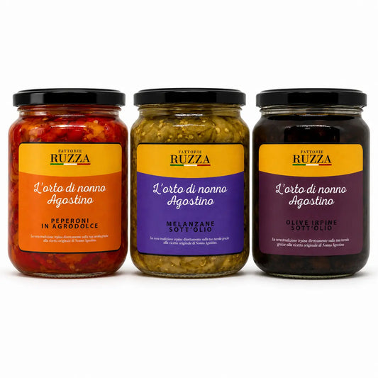Set sott'oli irpini L'orto di nonno Agostino – Peperoni in agrodolce, Melanzane sott'olio e Olive irpine, Fattorie Ruzza